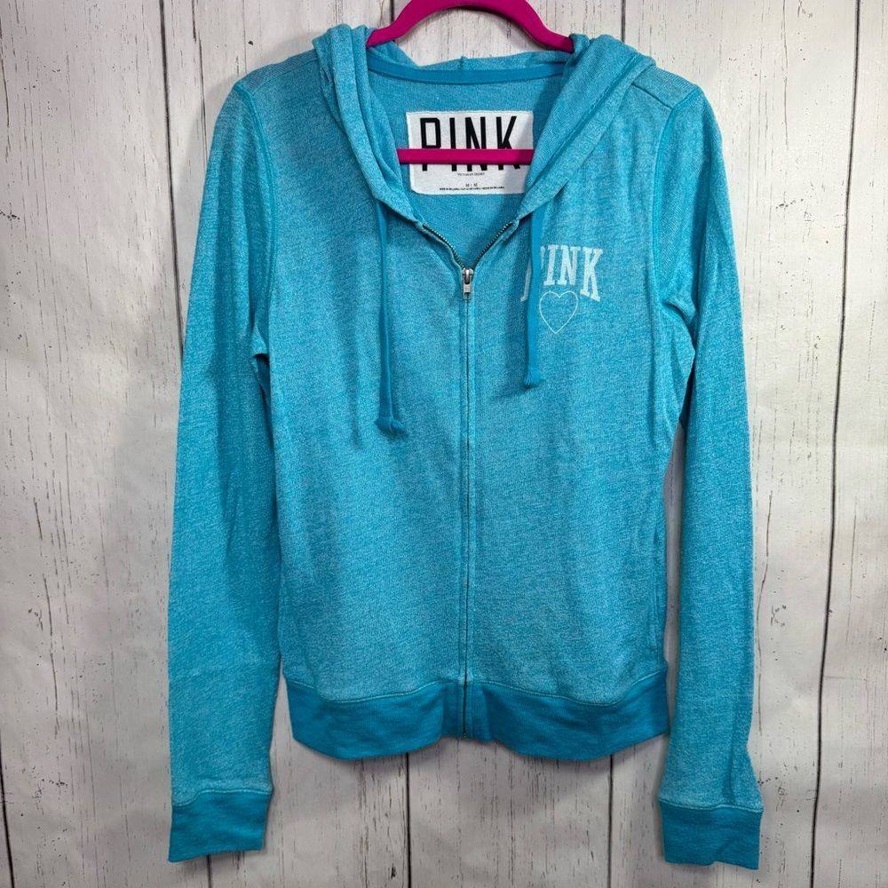 PINK Victorias Secret Turquoise Zip Up Hoodie Heart Logo Lightweight Layer Y2K